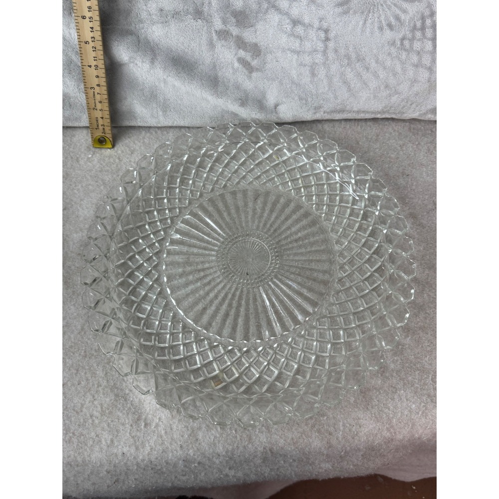 Vintage Clear Pressed Glass 14in Round Platter Diamond Point Sunburst Scalloped